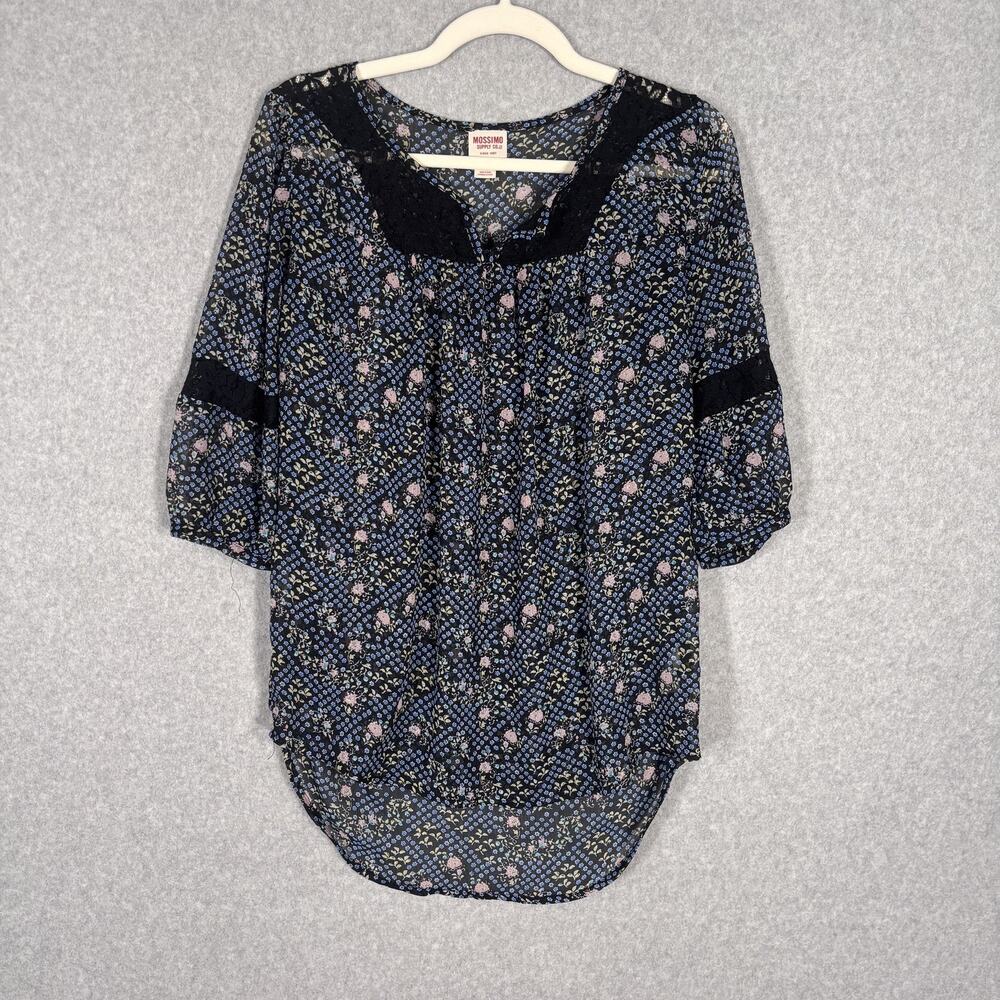 Mossimo Blouse Small Blue Floral Sheer Lace Flowy Boho‎ Peasant Puff Tunic Hi Lo
